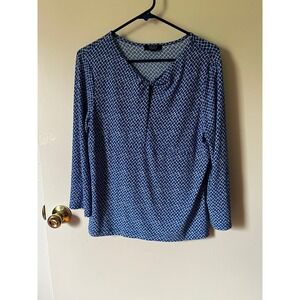 Chaps Womens Blue White Geometric Lattice V-Neck Long Sleeve Blouse Size L